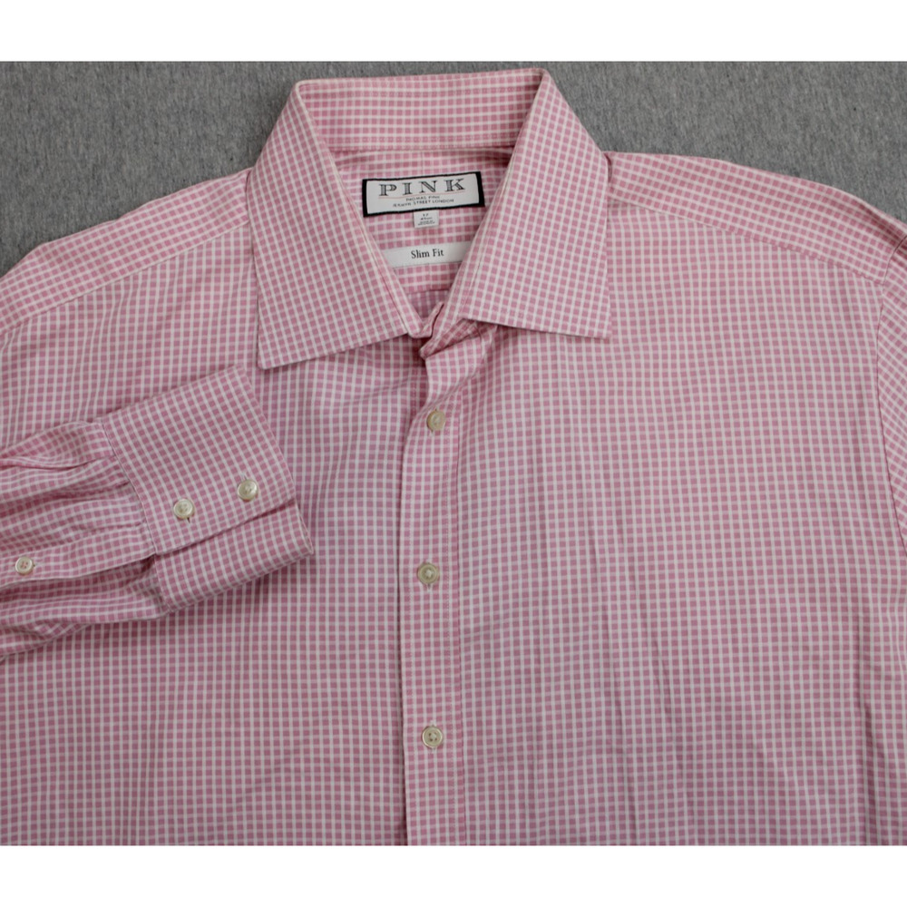 Thomas Pink Shirt Mens Size 17 Pink Micro Check 100% Cotton Slim Fit
